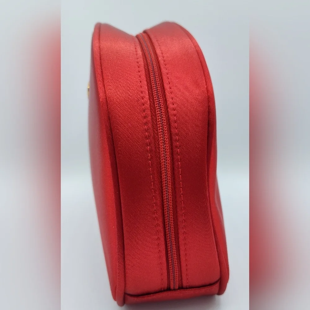 Early 1990s Vintage DIOR Parfum Red Satin Vanity Gold Plaque Vanity Makeup Bag